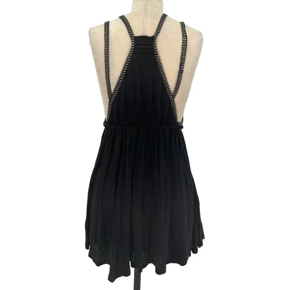 Free People Lovers Cove Embroidered Tassel Mini Dress in Black Size XS‎